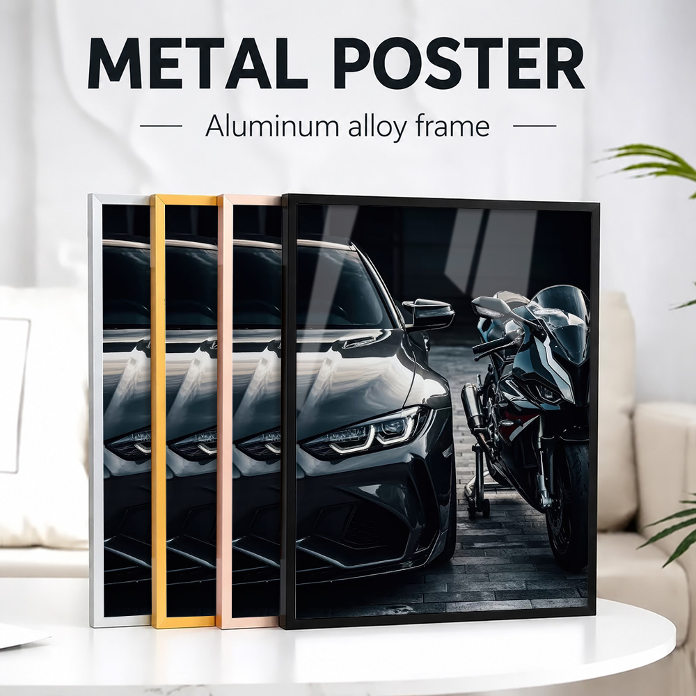 Metal Photo Panel - 黒い車とバイクのデュオの金属製ポスター、アルミ合金フレーム付き、カスタマイズされた写真、レトロなグラフィックスタイルのウォールアート、男性の隠れ家に最適