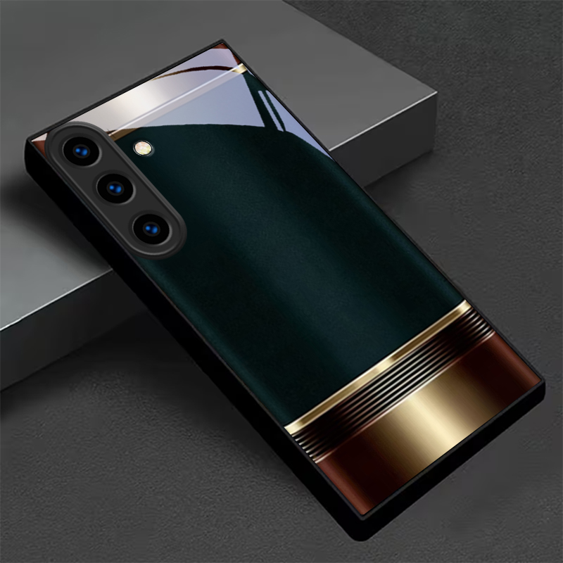 Metal Photo Panel - 高級感のあるレトロなメタルフレームとブラックガラスのスマホケース、Samsung Galaxy S26、S25、S26Ultra、S25 Edge、S24 FE、S23、S22、S21、20 Plus用カバー