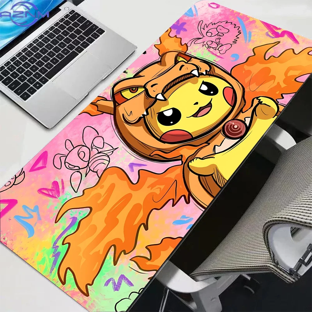 Door Mat Blank - かわいいピカチュウとリザードンのコスプレ風グラフィティ柄の大型マウスパッド。滑り止め加工のゴム製で、トレーディングカードゲーム（TCG）用のプレイマットや、デスクやテーブルに敷くパッドとして最適。